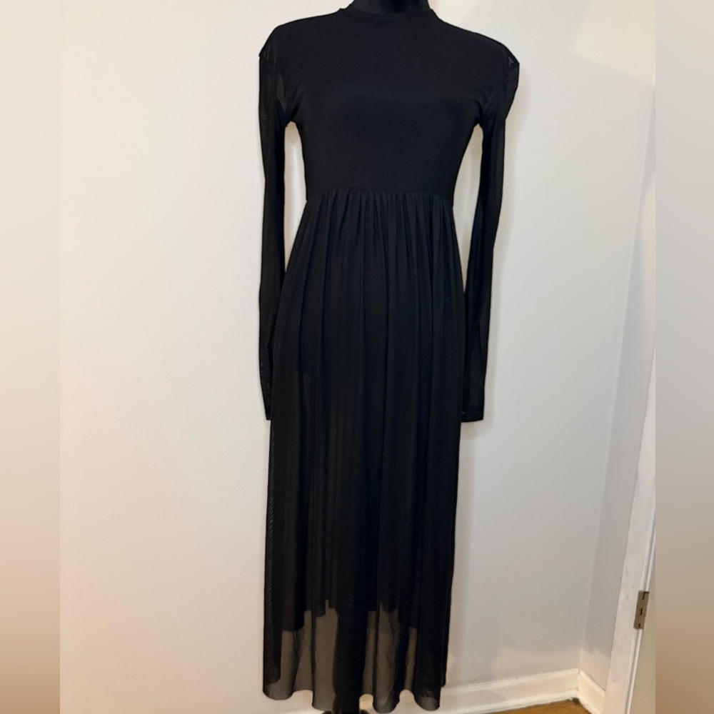 COLLUSION Black Sheer Mesh Maxi Dress Long Sleeve Mock Neck US 4